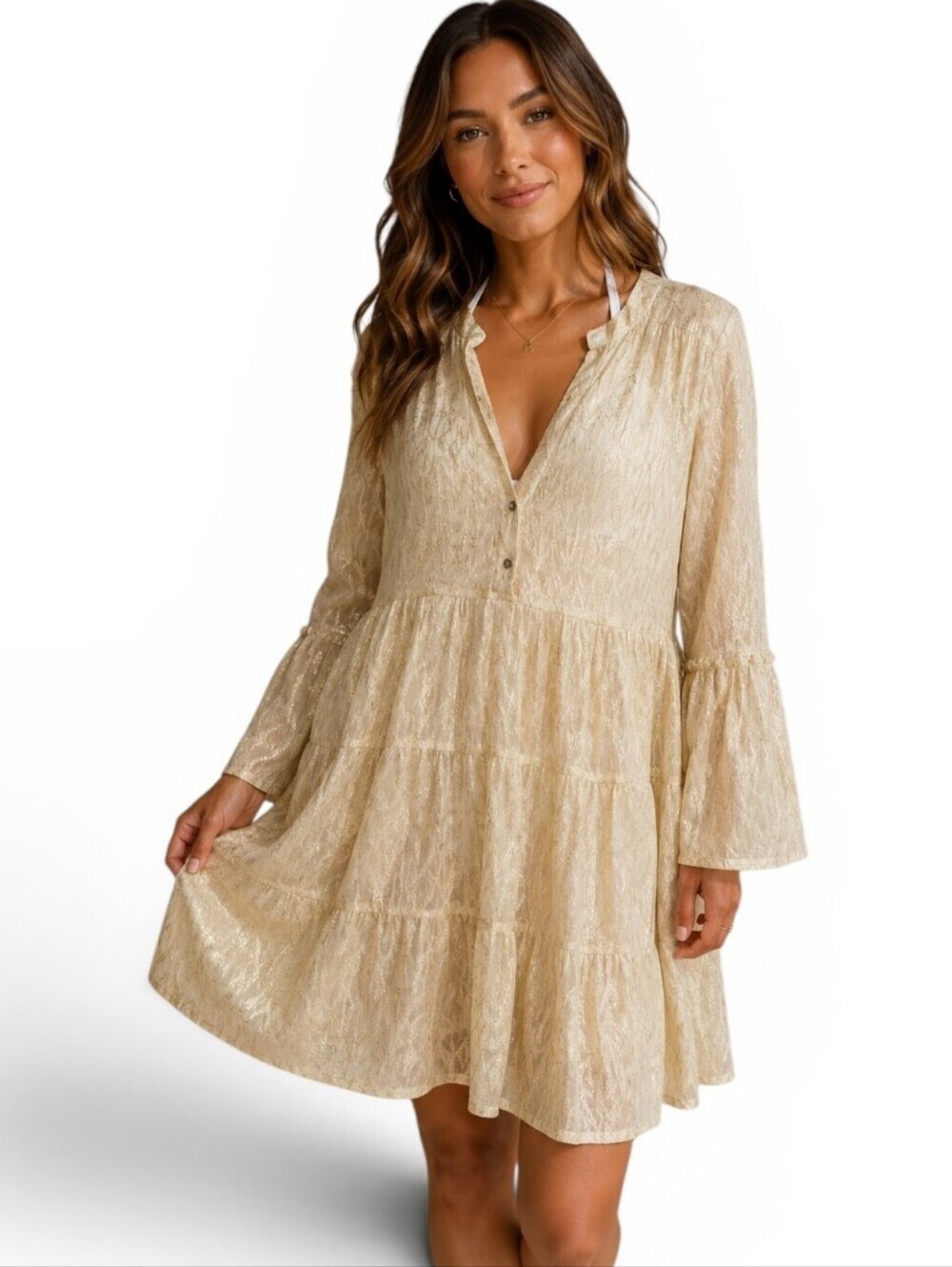 DIA Champagne Gold Shimmer Tiered Boho Mini Dress Coverup Large.